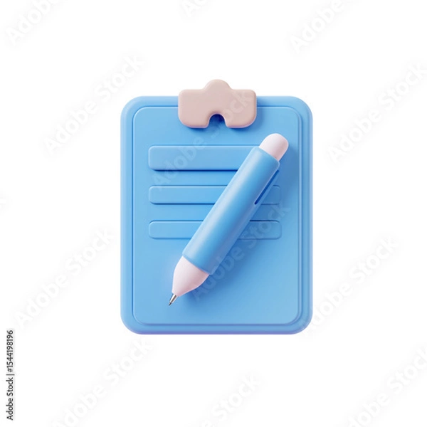 Fototapeta 3D icon of a blue document with a pen on a white background

