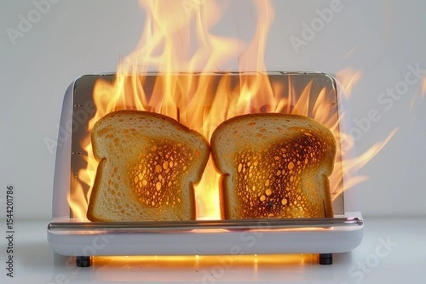 Obraz Burning toaster  Toaster with two slices of toast caught on fire over white background