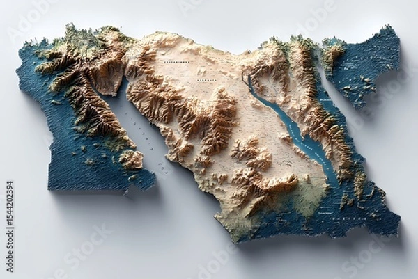 Obraz State border of Libya visualized in a photorealistic 3D topographic map with sharp contrast and elevation shading; full country view; useful for tourism maps, digital atlases, or educational content.
