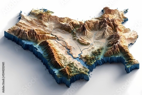 Obraz State border of Libya rendered in stylized 3D relief with sandy desert ridges, rugged hills, and terrain texture; representing North Africa; suitable for academic visuals or geographic publications.

