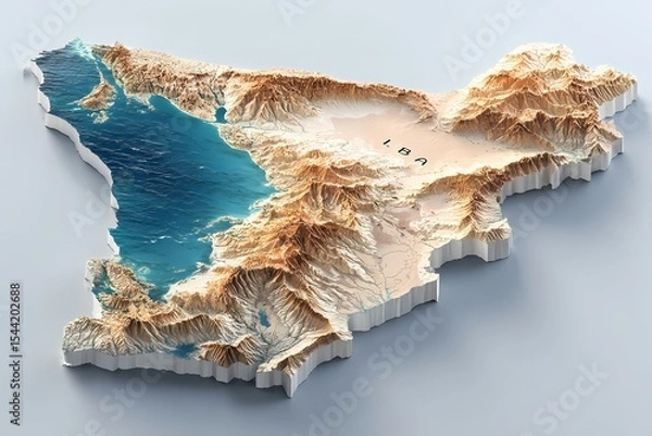Obraz State border of Libya shown as a realistic 3D elevation model with sharp mountains, dry basins, and detailed coastline; Northern Africa view; ideal for maps, presentations, or editorial projects.