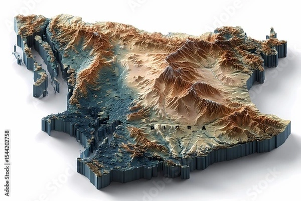 Obraz State border of Libya illustrated in a high-detail 3D terrain map with dramatic elevation, desert valleys, and coastal edges; located in North Africa; perfect for geography, education, or infographics