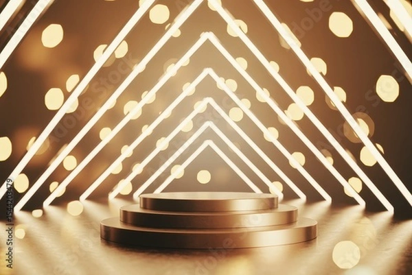 Obraz Podium on a geometric background with bokeh effec