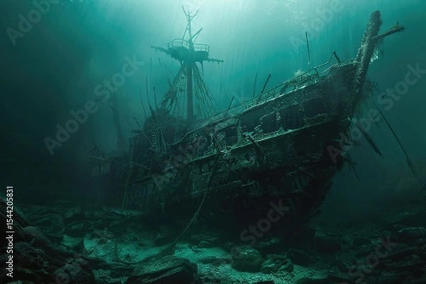 Obraz Detailed Visual  of Shipwreck Underwater Concept, Ocean Environtment Background