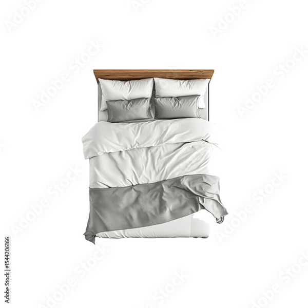 Fototapeta 3D render of a bed with grey pillows, white bedding, and a wooden structure


