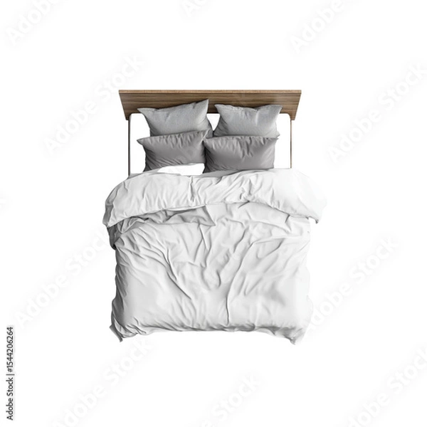 Fototapeta 3D render of a bed with grey pillows, white bedding, and a wooden structure

