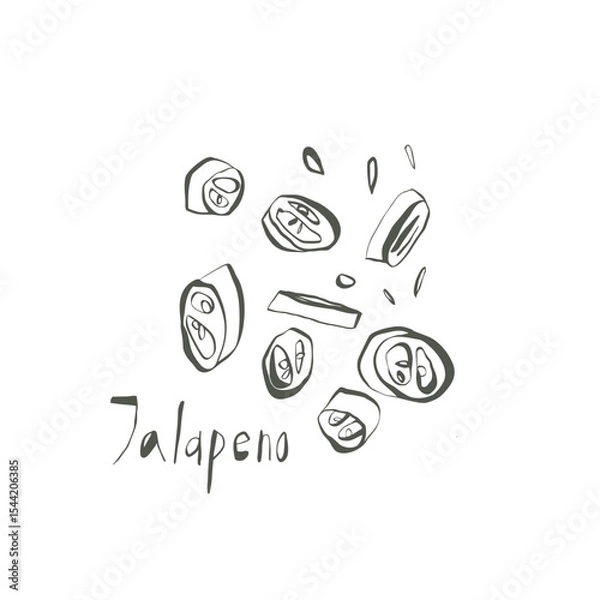 Fototapeta Sliced jalapeno peppers with seeds and handwritten jalapeno text in warm green colors on white background
