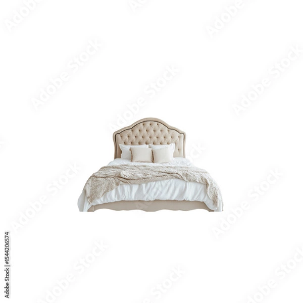 Fototapeta A bed with a beige headboard and footboard, front view, isolated on white

