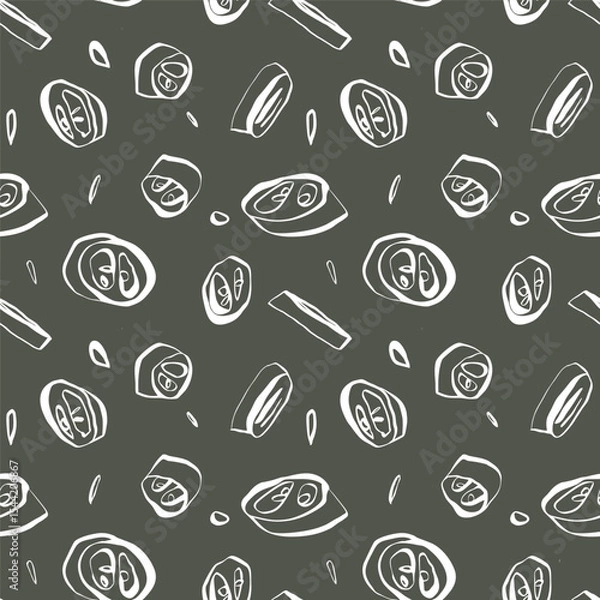 Fototapeta Jalapeno pepper slice pattern with warm green background and white elements seamless layout for surface design