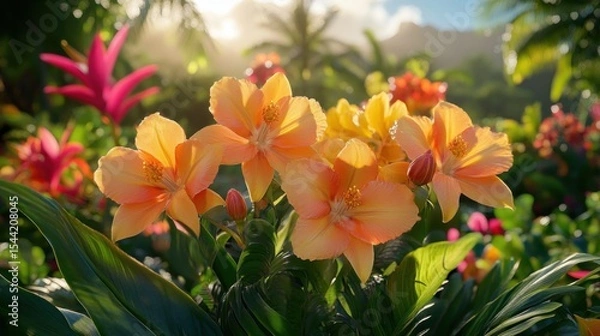 Obraz Vibrant orange orchids bloom amidst lush tropical foliage. Sunlight streams through palm trees