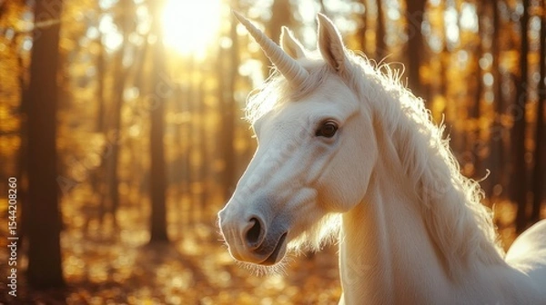 Obraz White unicorn in golden autumn forest