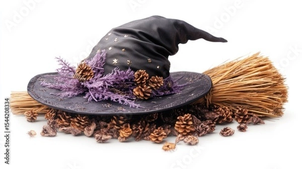 Obraz Witch's hat, broom, and pine cones