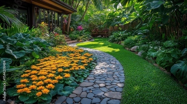 Obraz Winding stone path through lush garden