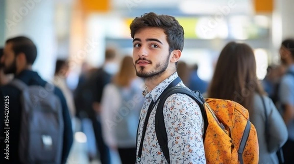 Obraz Young man attending conference looks back at camera in crowded hallway