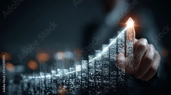 Obraz Business Success Goal Target Business Growth Visualization with Hand Pointing at Rising Graph
