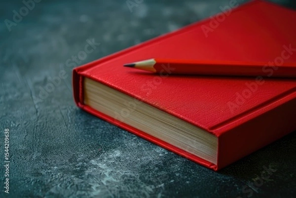 Obraz High Definition Picture of a Red Book with a Red Cover and a Pencil on the Left Side