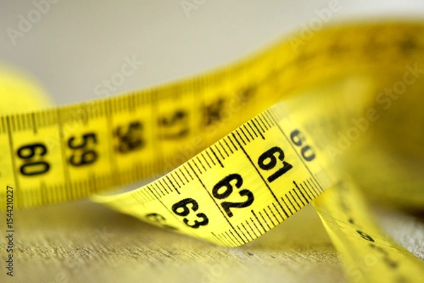 Fototapeta Close-up of a yellow measuring tape  on a white background, with reflection under. Unrealistic waist size ,symbolising fitness, model requirement, body idol , sewing, diet, health, body conscious.