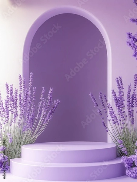 Obraz premium quality visual of podium platform for product demonstration on a minimalist purple background with lavender decorations high detail 8k