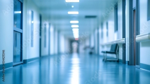 Obraz Blurred perspective of a long, empty hospital corridor with shiny blue floors and bright lighting, symbolizing a modern medical facility