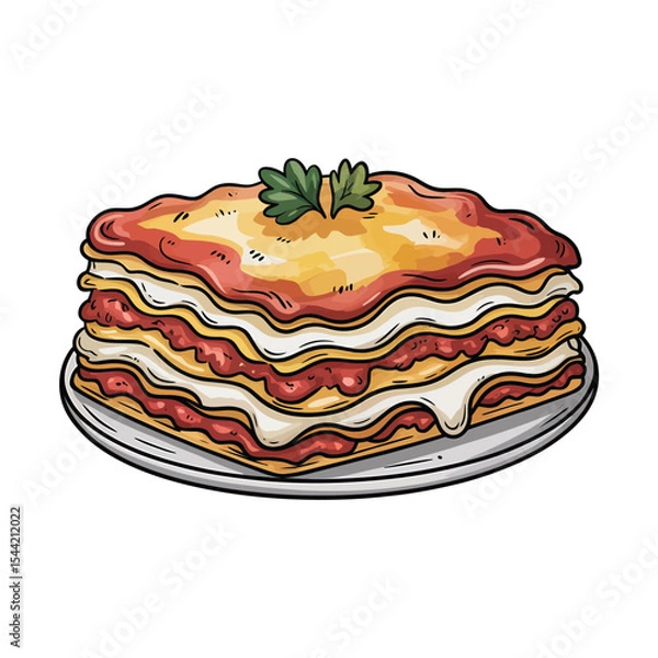 Obraz A hand-drawn illustration of a layered lasagna on a white ceramic plate