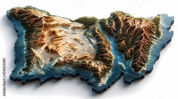 Obraz State border of Egypt displayed in photorealistic 3D with detailed textures, natural landforms, and hydrological features; situated in Africa; suitable for maps, textbooks, or tourism illustrations.