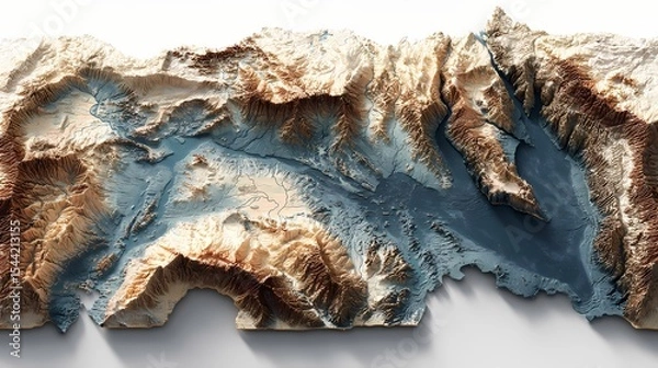 Obraz State border of Egypt shown as a colorful 3D elevation model featuring Nile basin, Red Sea coast, and rugged relief; located in Northeast Africa; great for science, education, or travel materials.