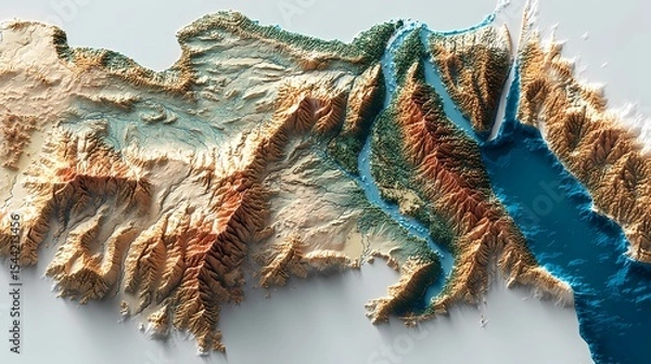 Obraz State border of Egypt visualized in a stunning 3D topographic map showing mountains, valleys, and the Red Sea; located in North Africa; ideal for educational use, atlases, or geographic projects.

