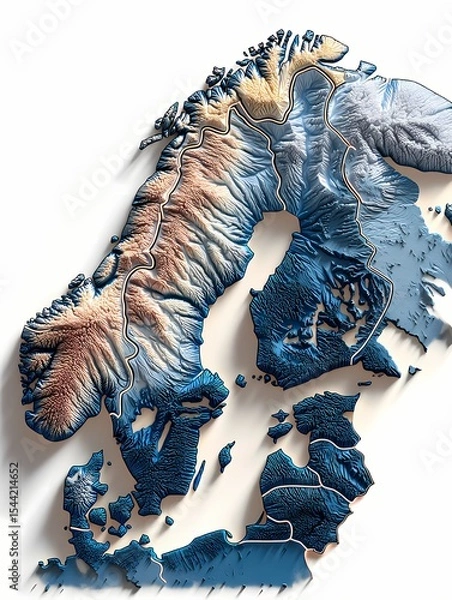 Obraz State border of Finland shown in a stylized 3D elevation map featuring Scandinavian terrain and Arctic contours; Northern Europe region; ideal for geography books, visual media, or teaching tools.