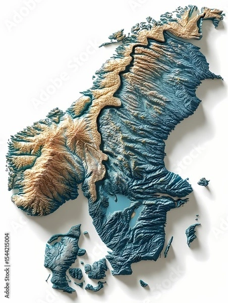 Obraz State border of Finland presented in a 3D topographic map with raised relief, terrain contours, and soft color gradients; located in Northern Europe; great for maps, education, and infographics.
