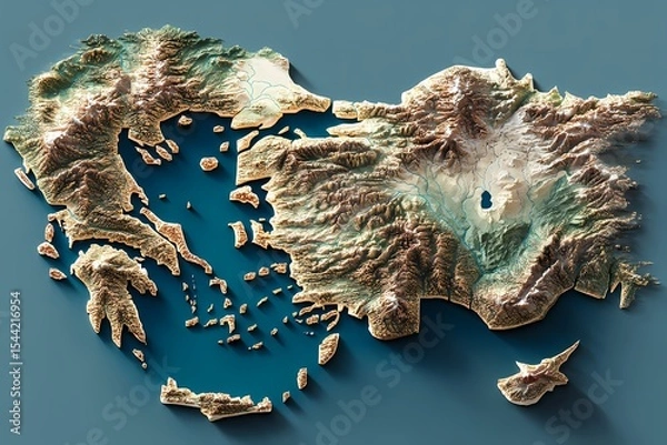 Obraz State border of Greece shown in a realistic 3D topographic model featuring rugged islands, peninsulas, and elevation contours; in the Aegean region; ideal for maps, tourism, or infographic use.