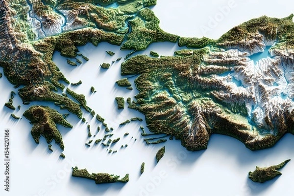 Obraz State border of Greece displayed in a high-detail 3D terrain map with coastal mountains, deep valleys, and islands; located in Southern Europe; perfect for travel, education, or digital cartography.
