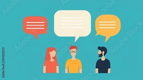 Fototapeta Diverse group having a discussion, using speech bubbles for communication