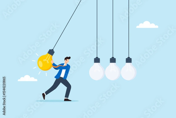 Fototapeta Flat illustration of businessman swinging glowing lightbulb as pendulum to spark creativity innovation and knowledge transfer
