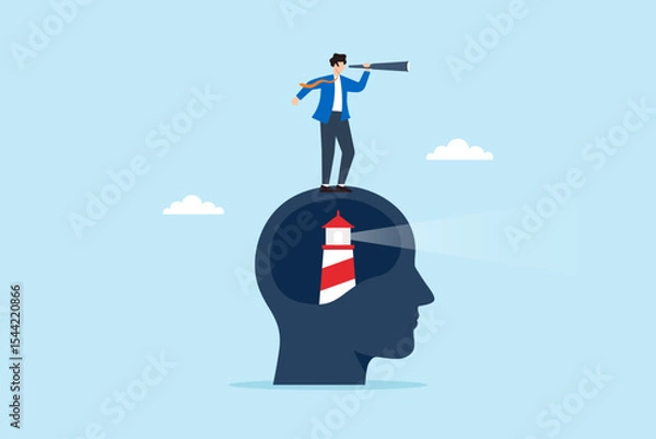 Fototapeta Flat illustration of businessman using telescope on head with lighthouse inside to represent vision insight guidance and leadership direction