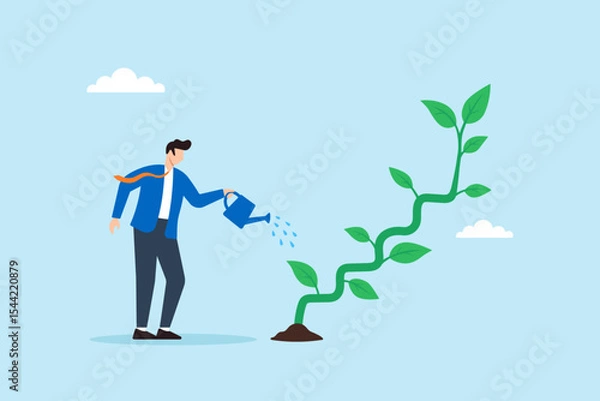 Fototapeta Flat illustration of businessman watering step-shaped plant growing upward to represent gradual business success and steady goal achievement