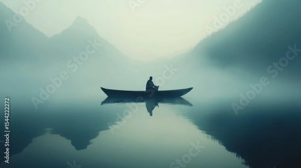 Obraz Serene Moment of Solitude - Lone Fisherman on Boat in Still Waters