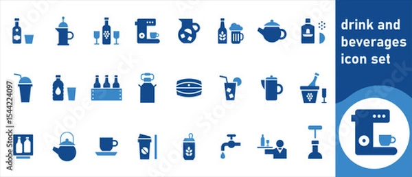 Fototapeta Drinks and beverages icon set, cooking, cook, chef, vegetarian, juice, soda, sweet, dairy, bottle, delivery, set, sandwich, dessert, allergen, egg, line, ice, graphics, outline, fish, coffee and more