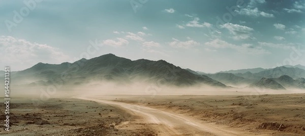Fototapeta Vast panoramic desert landscape with distant mountains and a straight road leading to the horizon, featuring dust clouds, dry terrain, and atmospheric particles under a muted, cinematic tone