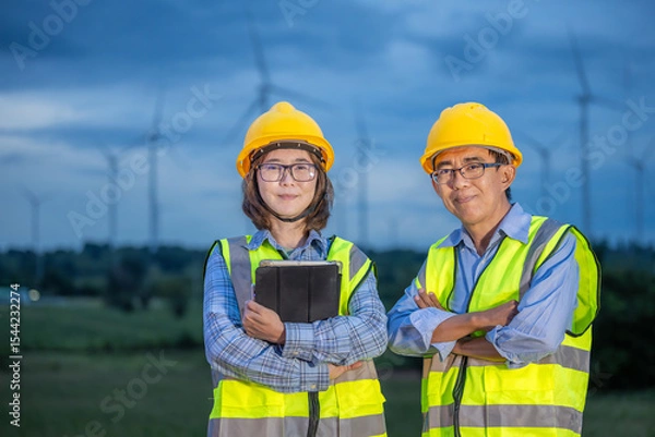 Fototapeta Two workers in safety vests stand in front of a wind farm