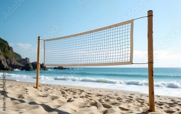 Fototapeta Part of volleyball net mounted on coastline on sandy beach. High quality