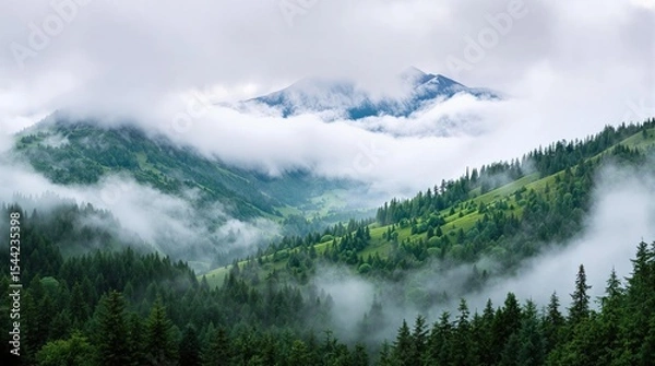 Fototapeta Cloudy mountainside view with forests, shrouded in mist, greens and blues