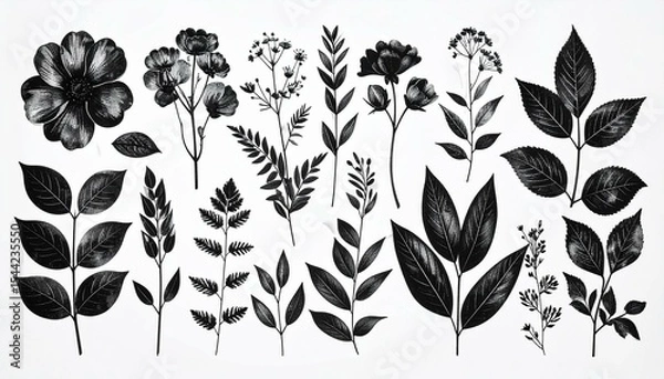 Fototapeta The image displays a collection of various black and white botanical illustrations including flowers, leaves, and branches arranged against a stark white