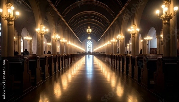 Fototapeta The interior showcases a long church nave, with rows of wooden pews lining each side, illuminated by ornate chandeliers and natural light from a distant stained glass