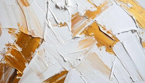 Fototapeta The image showcases a textured abstract painting with thick strokes of white and gold paint, creating a modern and luxurious visual effect indicative of fine