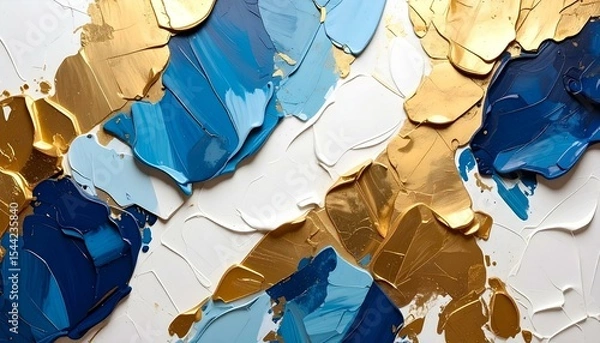 Fototapeta The image features an abstract painting with thick brushstrokes of blue, white, and gold paint, creating a textured surface with a luxurious and sophisticated
