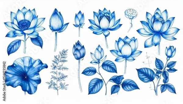 Fototapeta The image showcases an array of blue botanical illustrations, including water lilies, buds at varied stages of bloom, and detailed leaves and stems, all elegantly rendered on a white