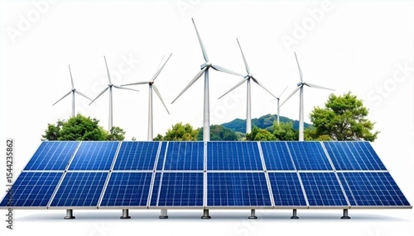 Fototapeta The image shows array of solar panels in the foreground with several wind turbines behind them in a natural environment, illustrating alternative clean energy
