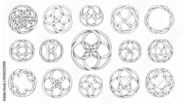 Fototapeta The image shows a pencil sketch of fifteen different spherical knots, set against a blank white background, exhibiting intricate interlocking designs and varied