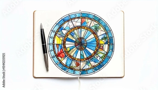 Fototapeta The image shows a notebook with a colorful circular drawing that resembles stained glass, accompanied by a sleek black and silver pen on a white