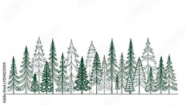 Fototapeta The image showcases a line of minimalist, green-toned evergreen trees in varying heights and designs against a crisp white background, creating a serene and natural